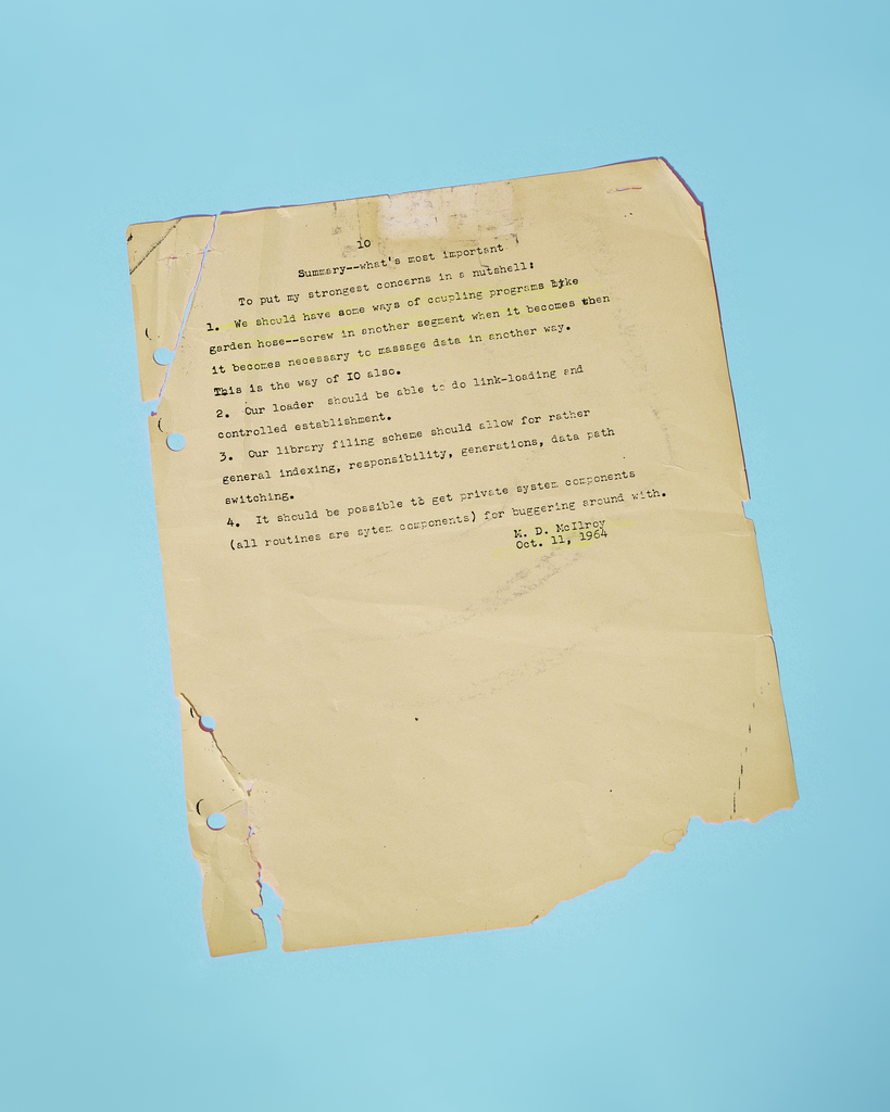 The Origin of Unix Pipes by Peter Adams. 